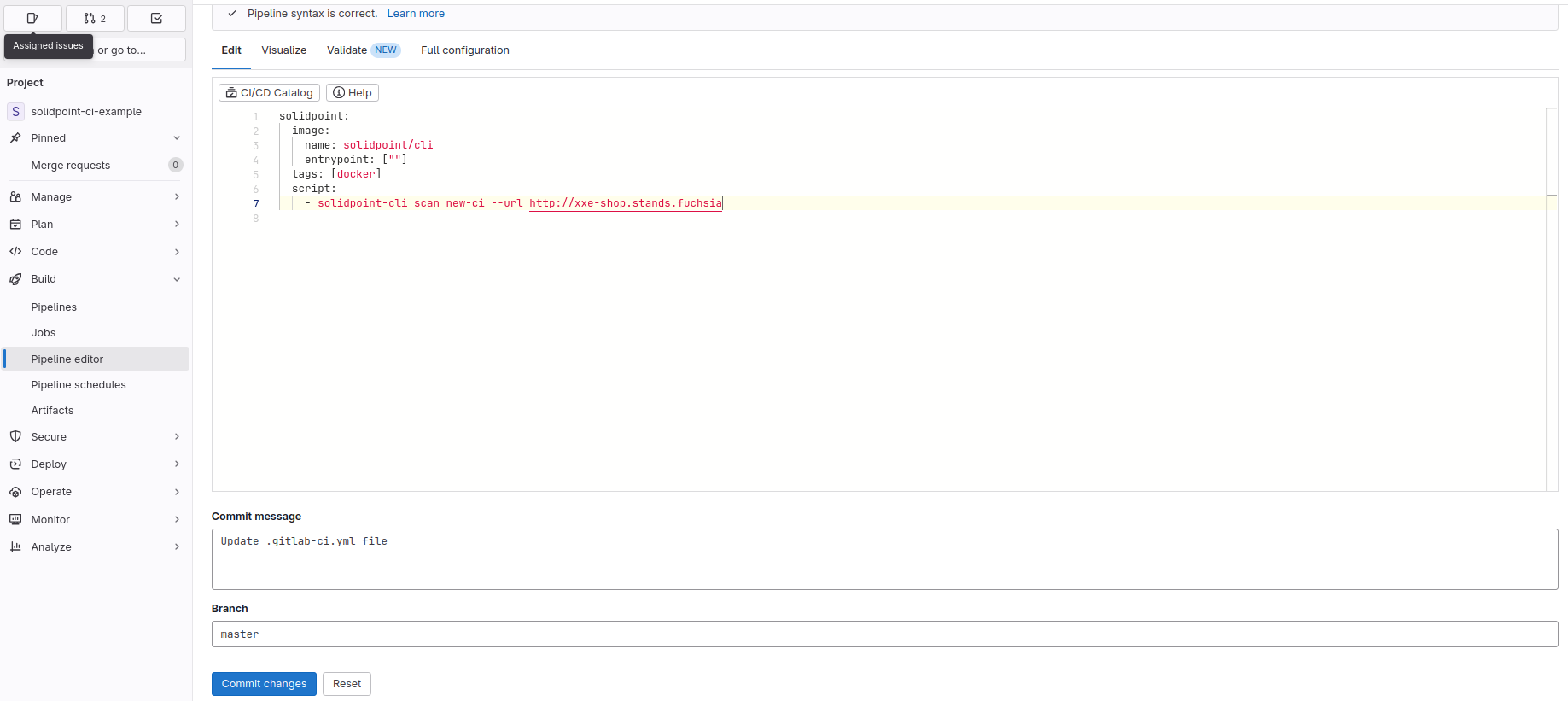 Screenshot of pasting the code into the editor