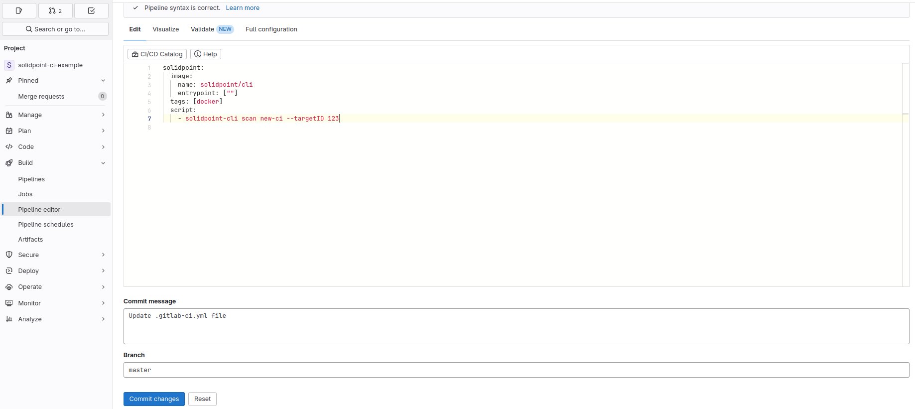 Screenshot of setting the target