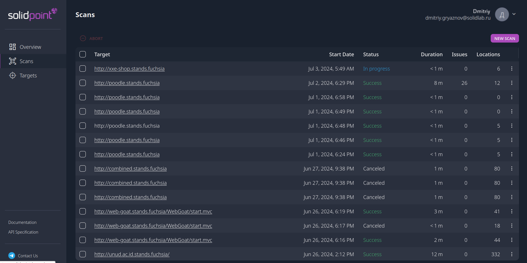 Screenshot of the scan preview in the dashboard