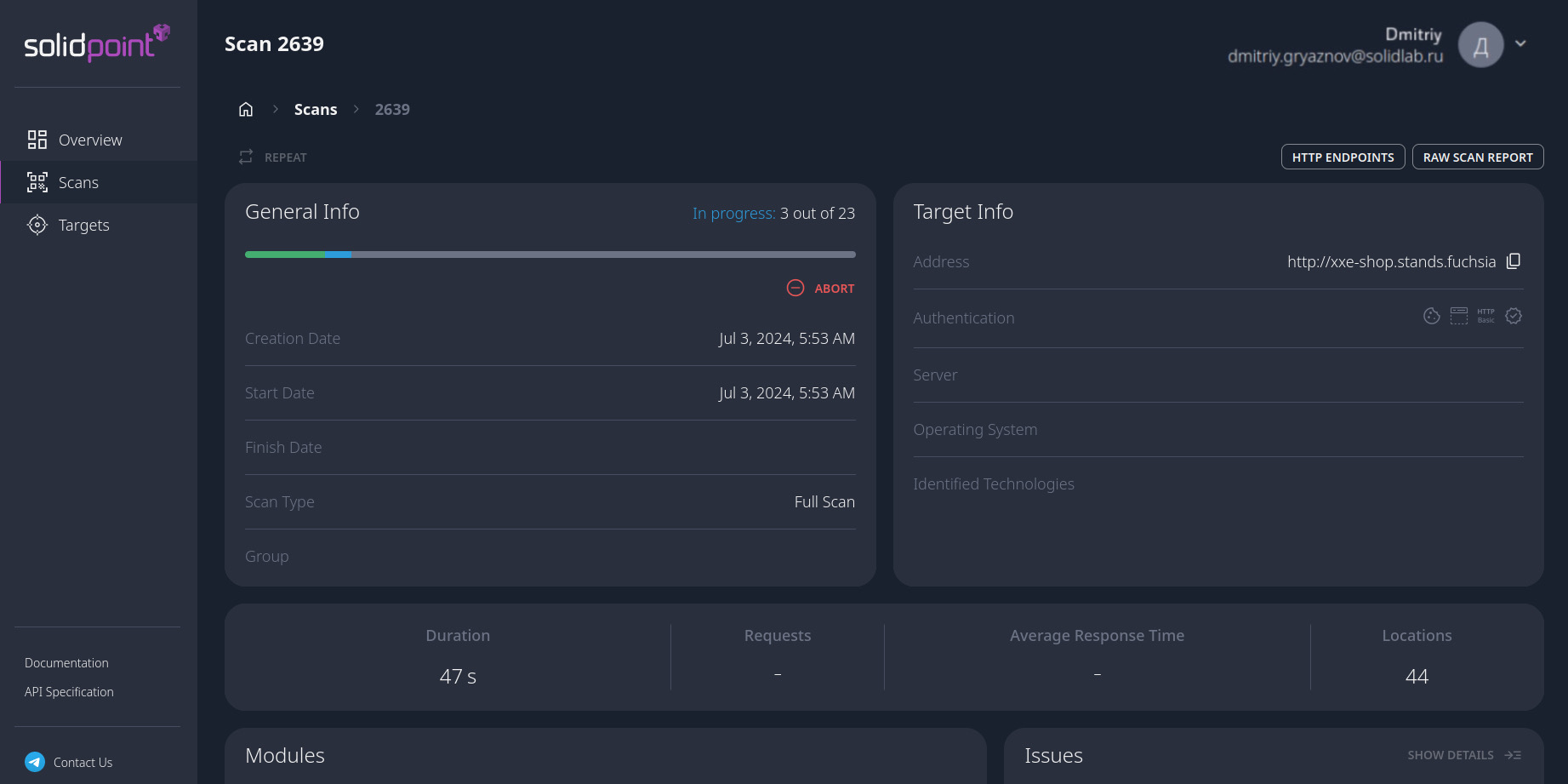 Screenshot of the job execution in the dashboard