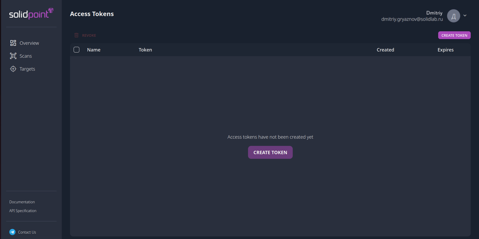 Screenshot of the “Create token” button