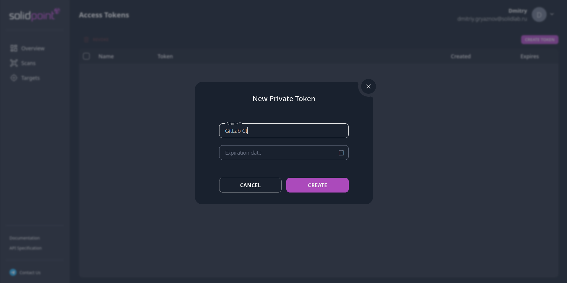 Screenshot of the token creation form