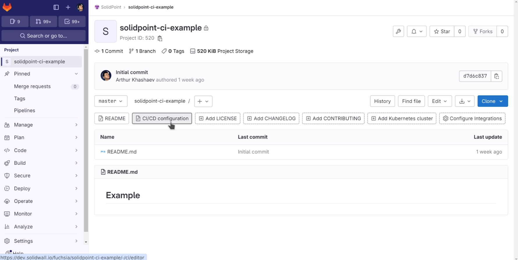 Screenshot of the “CI/CD configuration” button