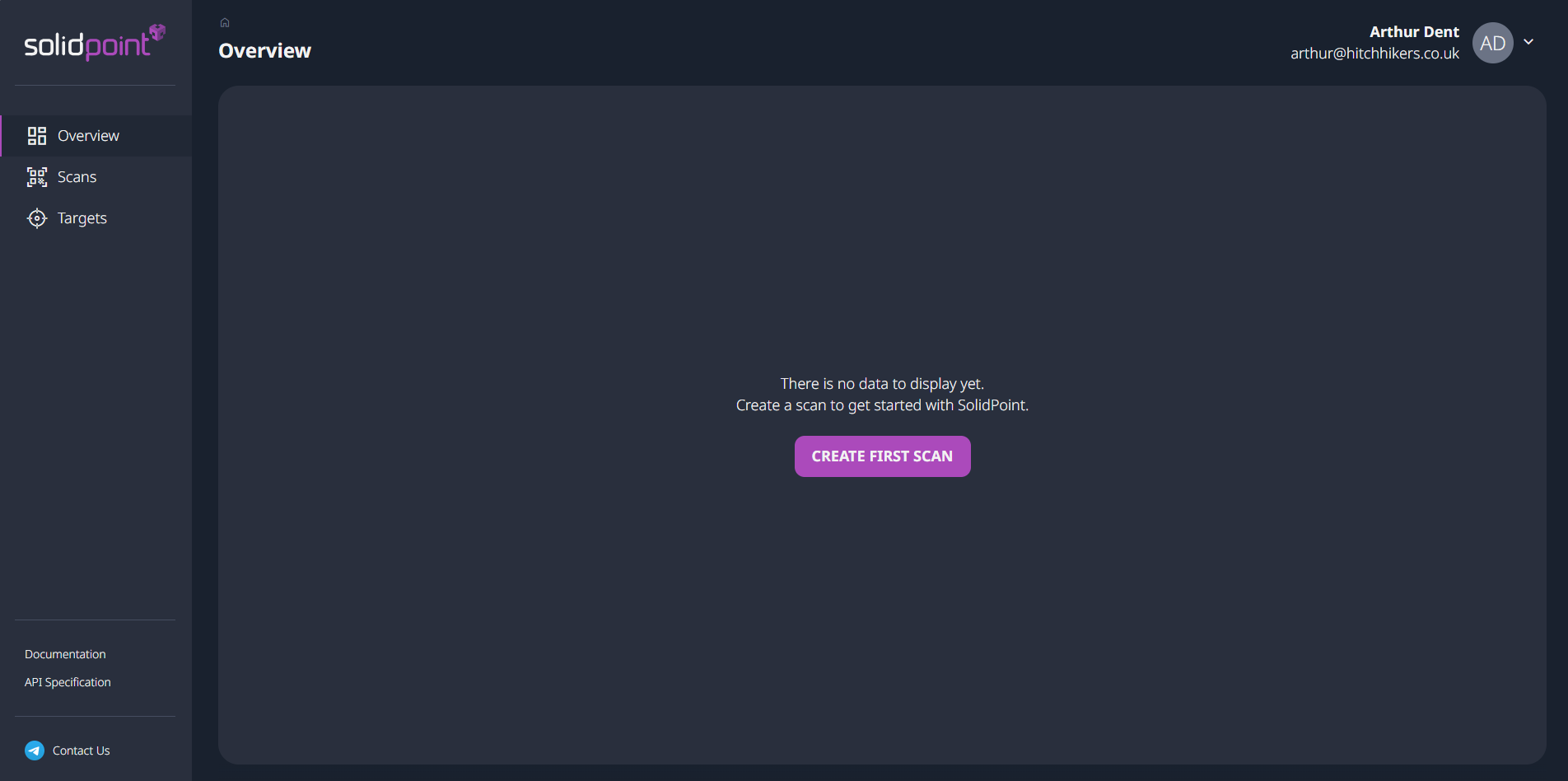 SolidPoint dashboard. Main page with no added scans