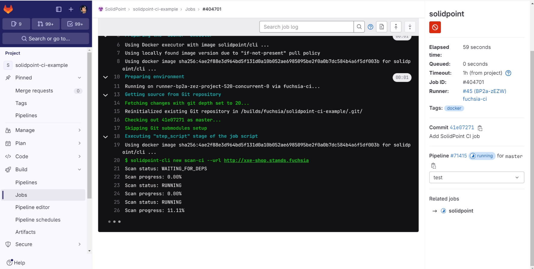 Скриншот просмотра выполнения джобы в GitLab