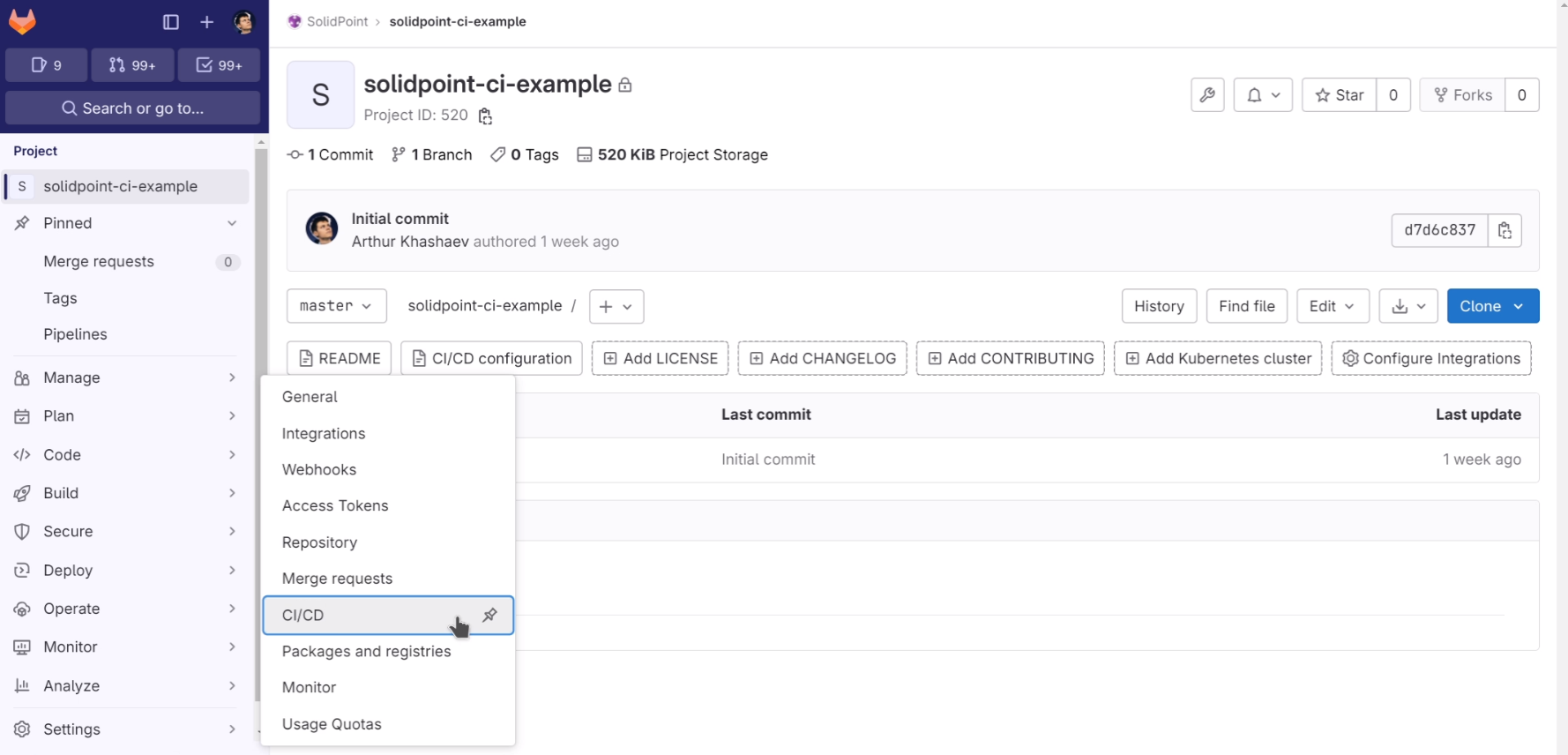 Скриншот пути «Настройки» → «CI/CD»