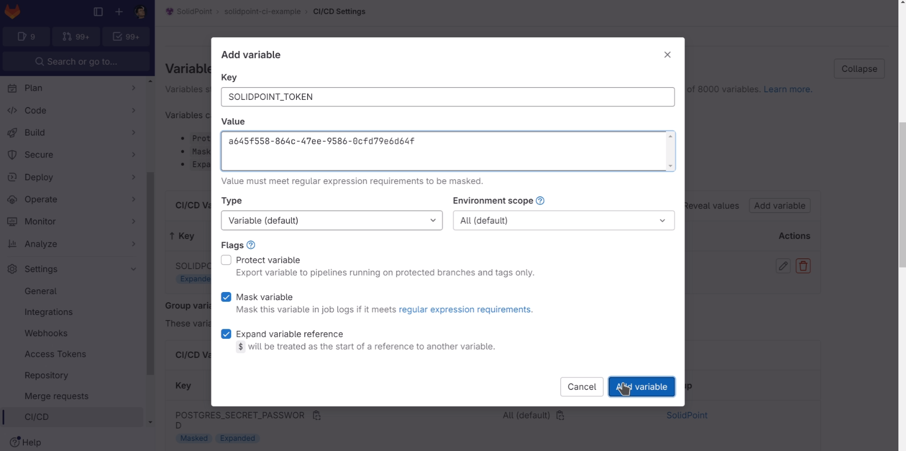 Скриншот создания переменной токена